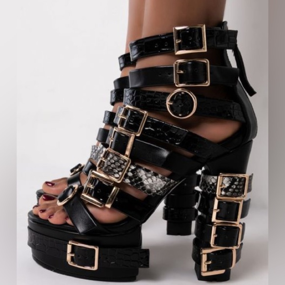 Azalea Wang Multi Buckles Black Snakeskin Vegan Leather Chunky Platform …